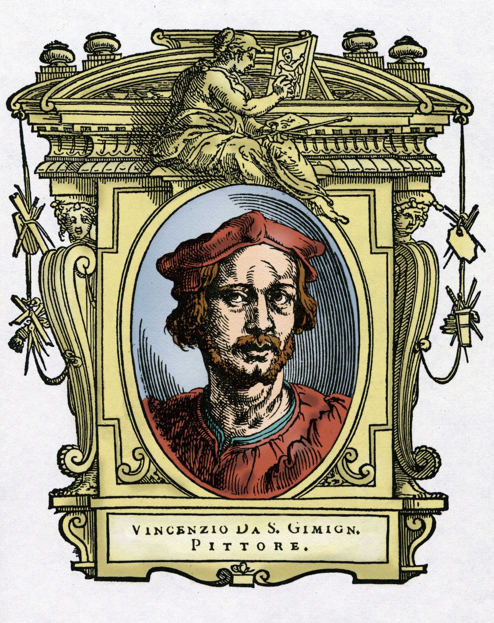 Muotokuva Vincenzo TAMAGNIsta (Vincenzo da San Gimignano) (1492-1530), italialainen taidemaalari. Giorgio Vasarin kaiverrus herkkupalasta "" Erinomaisimpien maalareiden, kuvanveistäjien ja arkkitehtien elämät "" tekijältä Giorgio Vasari