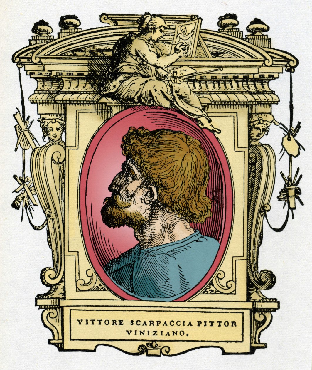 Muotokuva Vittore Carpaccion (1460-1526) venetsialaisesta taidemaalarista. Kaiverrus herkkusta "" Erinomaisimpien maalareiden, kuvanveistäjien ja arkkitehtien elämät" (Erittävimpien maalareiden, kuvanveistäjien ja arkkitehtien elämät) Giorgio Vasari tekijältä Giorgio Vasari