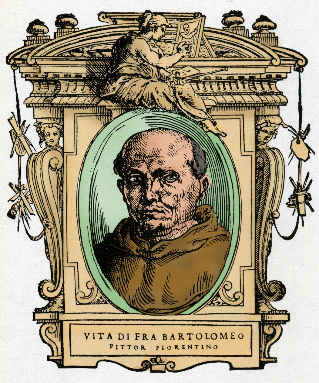 Muotokuva firenzeläisestä taidemaalarista Fra Bartolomeosta (1473-1517) .. Giorgio Vasarin kaiverrus herkkupalasta "" Erinomaisimpien maalareiden, kuvanveistäjien ja arkkitehtien elämä"" tekijältä Giorgio Vasari