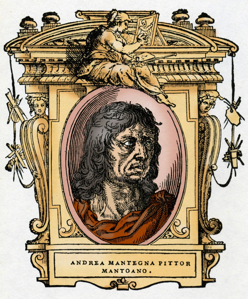 Muotokuva taidemaalari Andrea Mantegnasta (1431-1506) Ksylografia Giorgio Vasarin teoksesta "The Life of Painters". tekijältä Giorgio Vasari