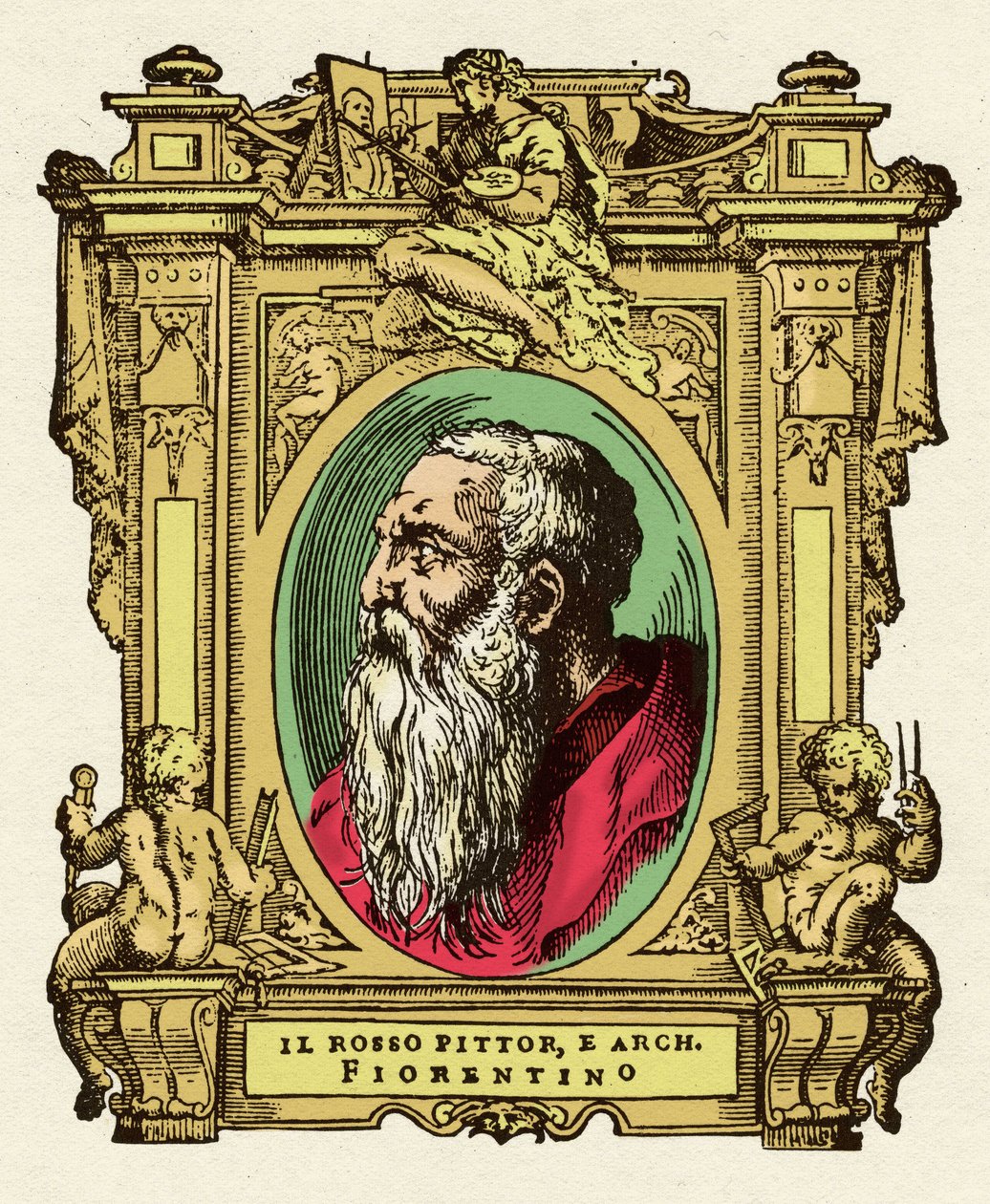 Taidemaalari Giovanni Battista di Jacopon (Rosso Fiorentino) (1495-1540) muotokuva. Hän oli Ecole de Fontainebleaun jäsen. Kaiverrus herkkusta "" Erinomaisimpien maalareiden, kuvanveistäjien ja arkkitehtien elämää" (Le Vite de