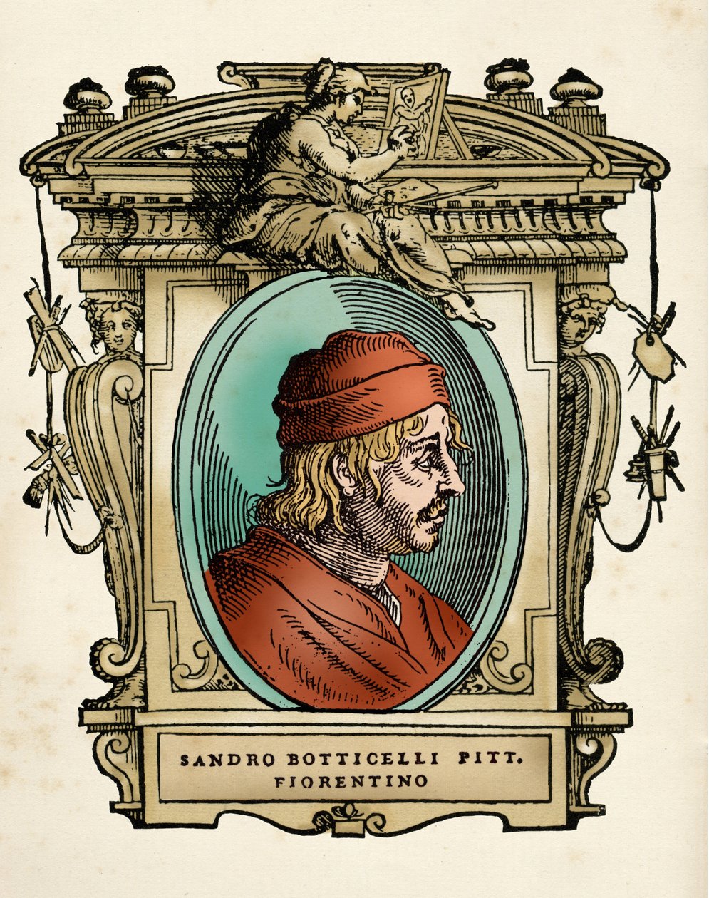 Taidemaalari Sandro Botticellin (1445-1510) muotokuva (Alessandro di Mariano di Vanni Filipepi) Giorgio Vasarin kaiverrus "Erinomaisimpien kuvanveistäjien ja arkkitehtien viite" tekijältä Giorgio Vasari
