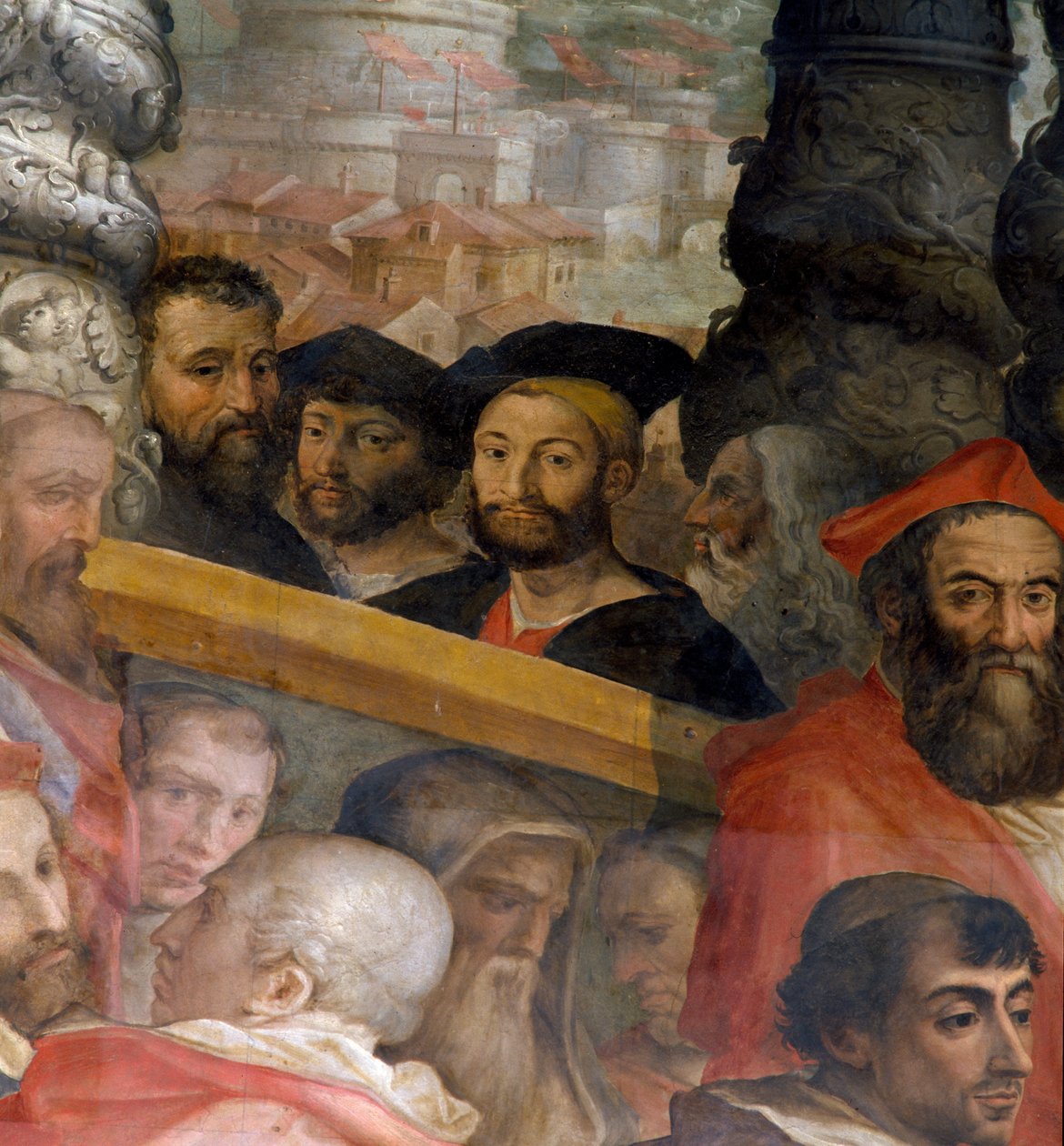 Michelangelon, Lorenzo de "Medicin, Urbinon herttuan, Giuliano dei Medicin ja Leonardo da Vincin muotokuvia, yksityiskohta teoksesta "Paavi Leo X valitsee lukuisia kardinaaleja", 1553-85 tekijältä Giorgio Vasari