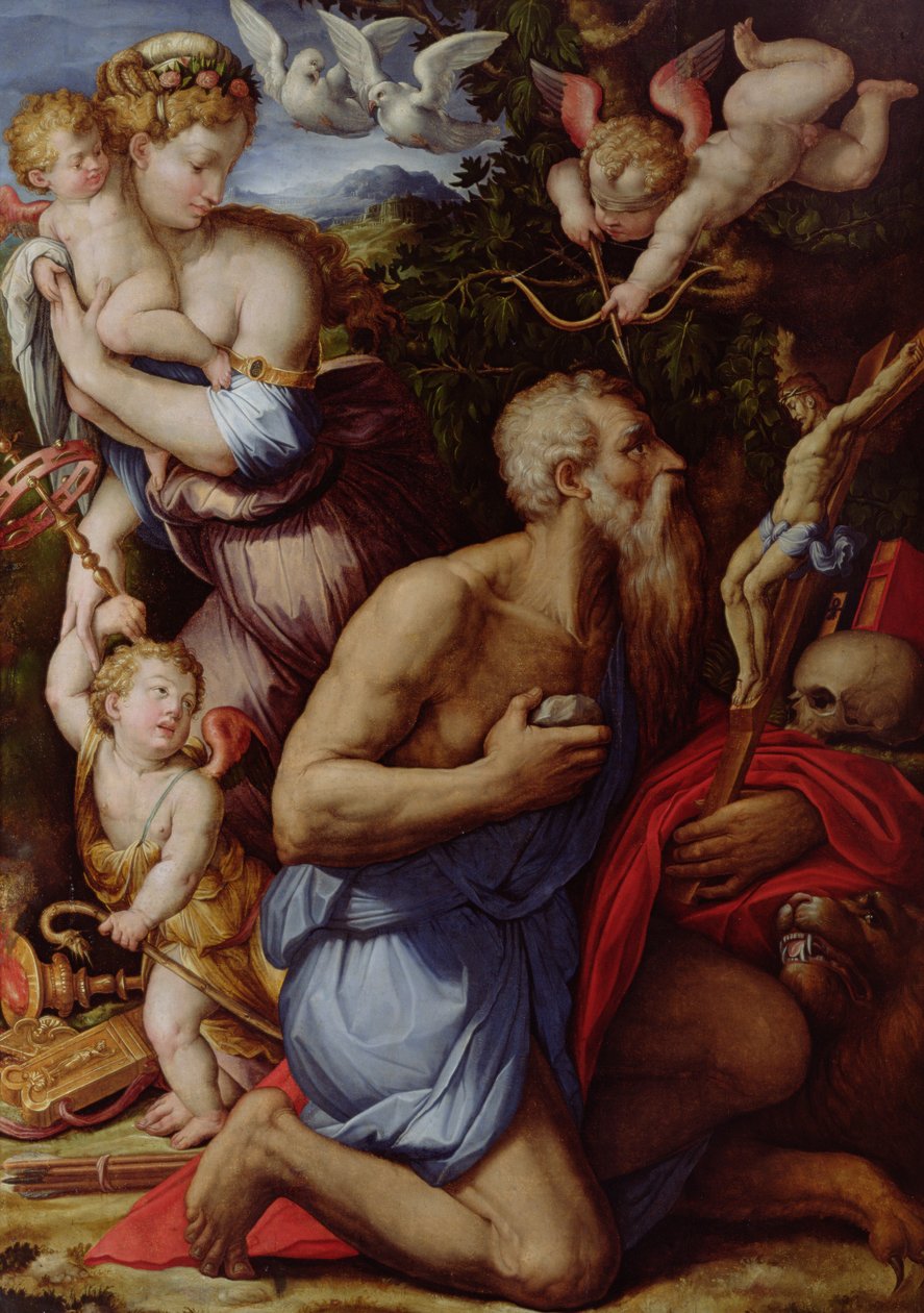 Pyhän Hieromuksen kiusaus (öljy paneelissa) tekijältä Giorgio Vasari