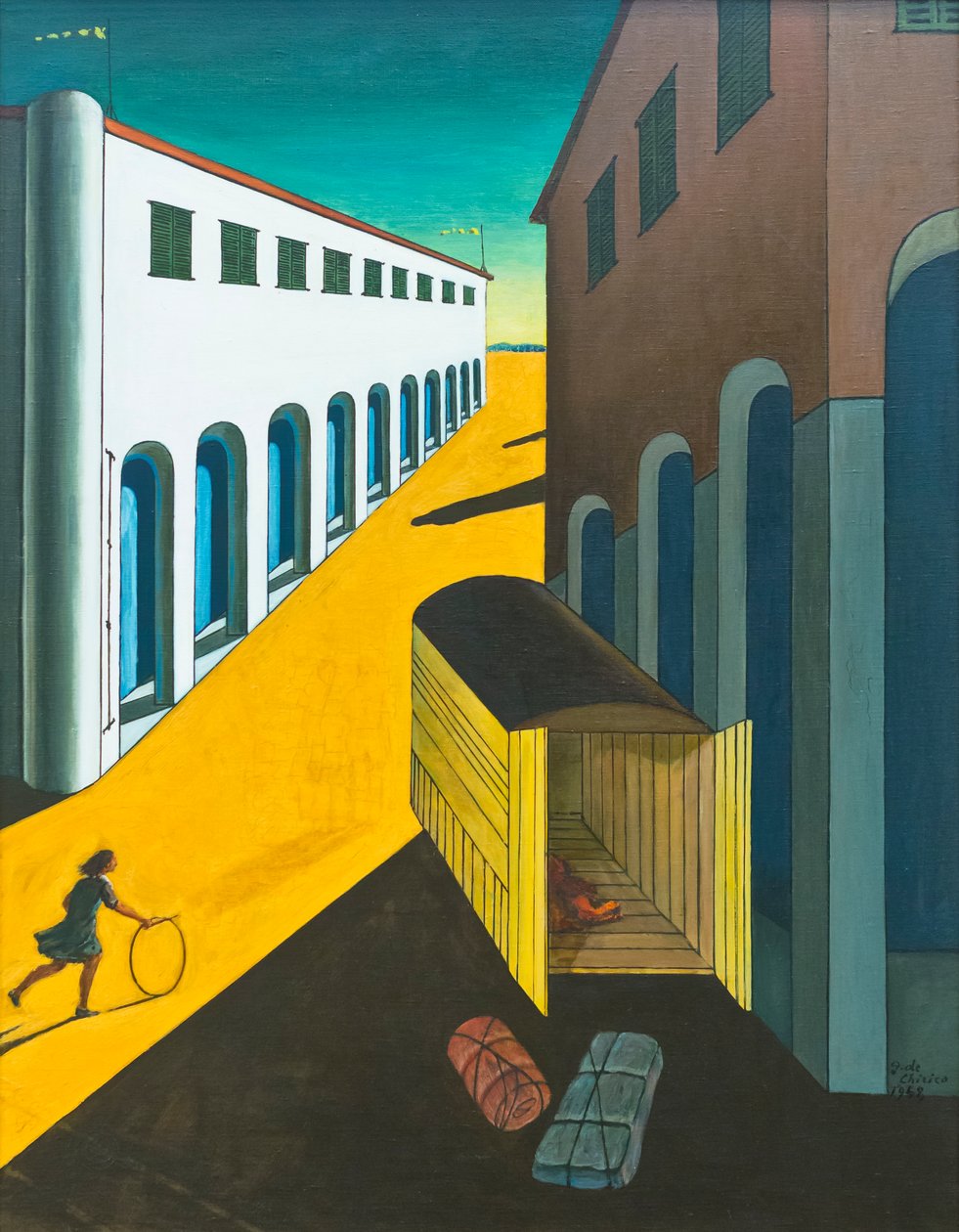 Kadun mysteeri ja melankolia, tyttö vanteella tekijältä Giorgio de Chirico