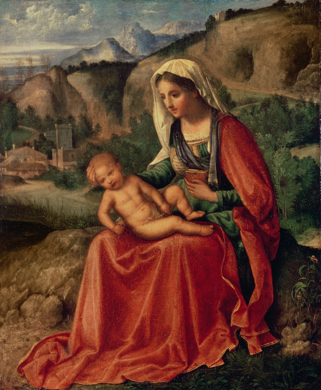 Neitsyt ja lapsi maisemassa, n. 1503 tekijältä Giorgione da Castelfranco