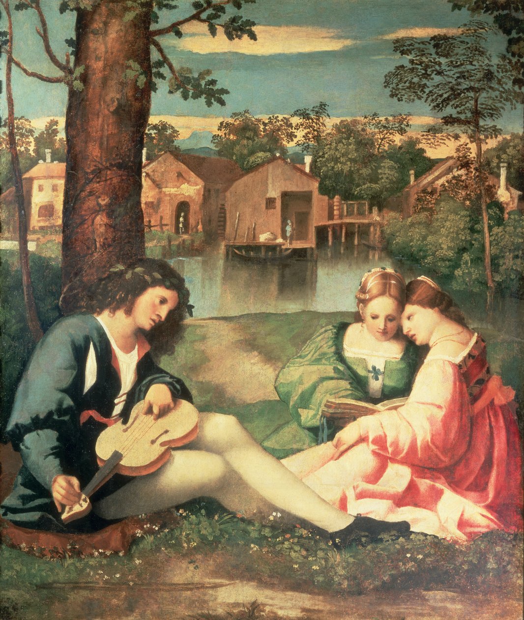 Nuori kitara ja kaksi tyttöä istumassa joen rannalla tekijältä Giorgione da Castelfranco