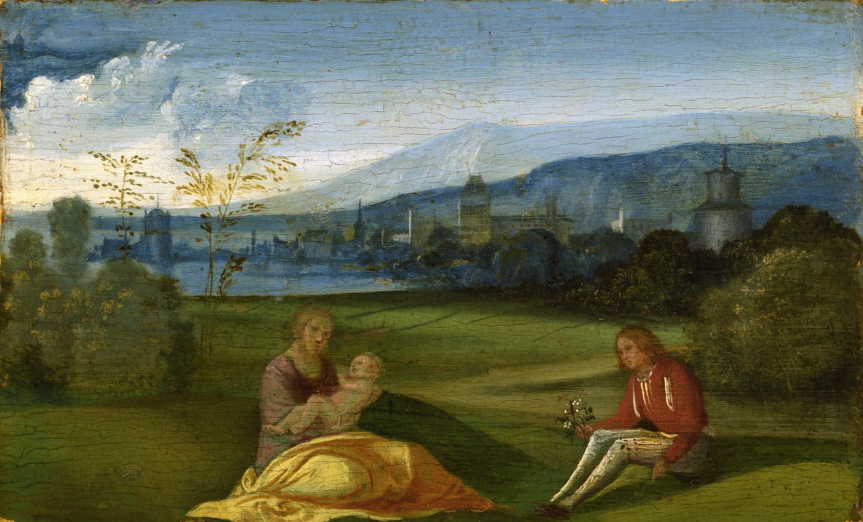 Idyllinen pastoraalinen maisema, 1400-luvun loppu tekijältä Giorgione da Castelfranco