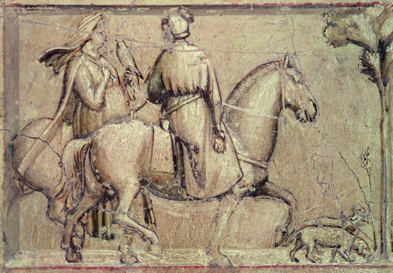 Oikeudenmukaisuuden allegoria, ennen restaurointia (yksityiskohta kahdesta ratsumiehestä, jotka lähtevät metsästämään haukalla), 1305 tekijältä Giotto di Bondone
