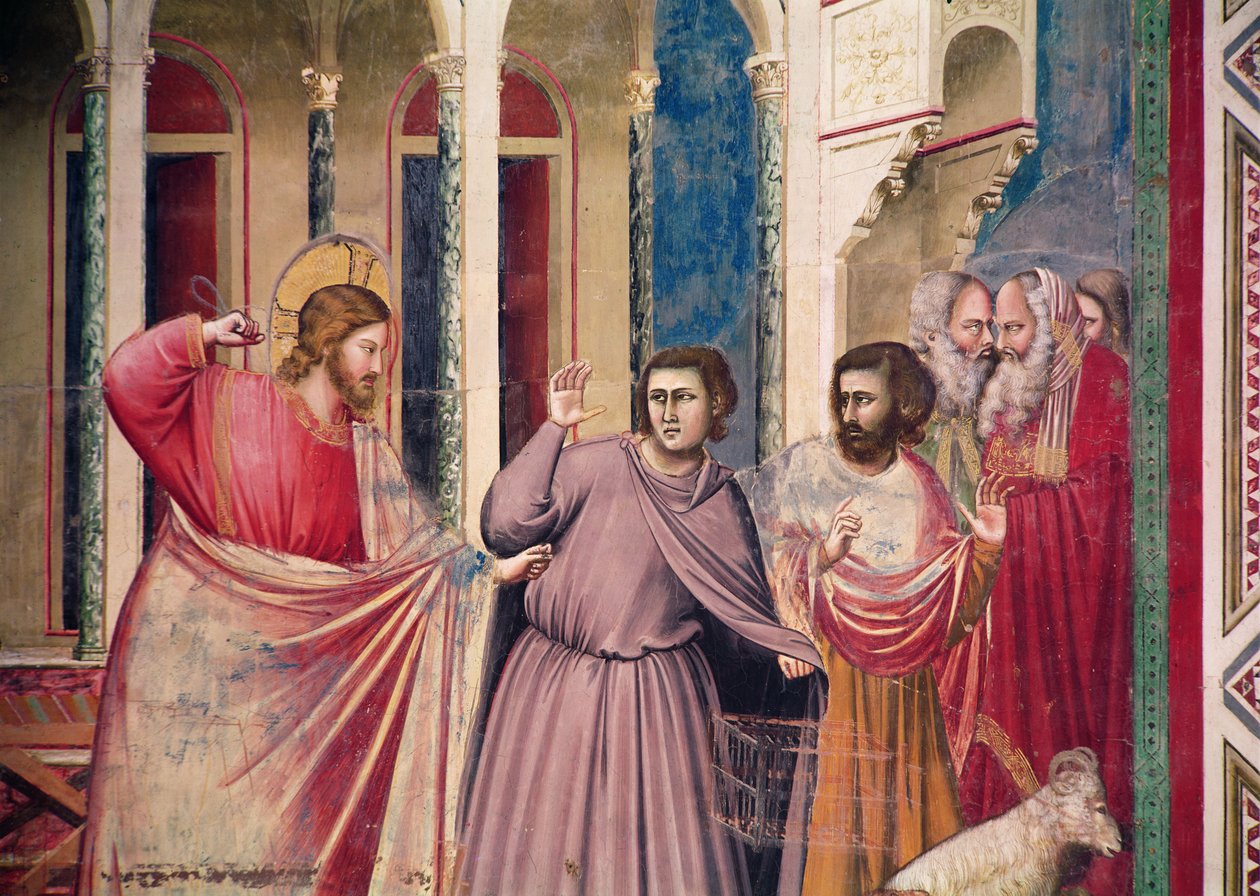Jeesus jahtaa kauppiaita temppelistä, yksityiskohta Kristuksesta ja kahdesta kauppiasta, n. 1303-05 (yksityiskohta numerosta 444251) tekijältä Giotto di Bondone