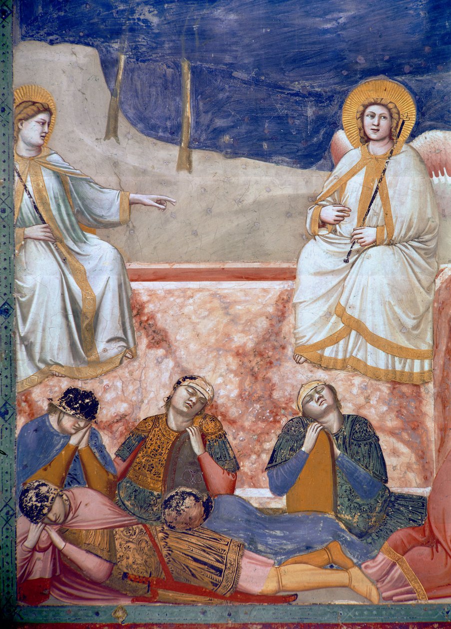 Noli Me Tangere eli Kristuksen ilmestyminen Maria Magdaleenalle, yksityiskohta haudasta, enkeleistä ja nukkuvista sotilaista, 1303-05 (ks. myös 155974). tekijältä Giotto di Bondone