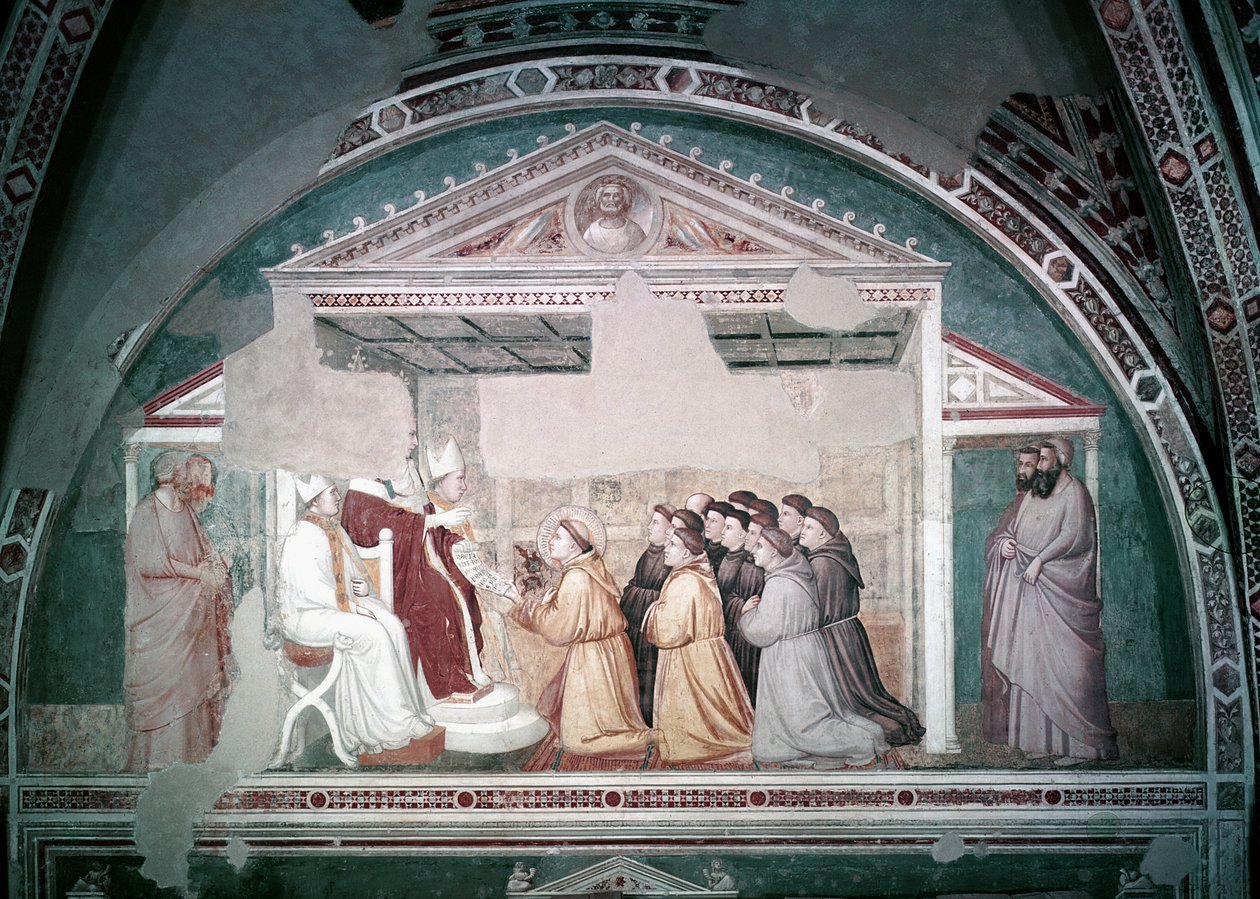 Paavi Innocentius III (1160-1216) hyväksyi Pyhän Franciscuksen säännön, Bardi-kappelista, n. 1320 tekijältä Giotto di Bondone