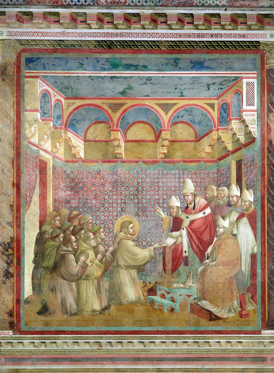 Pyhä Fransiskus saa "Regula Priman" hyväksynnän paavi Innocentius III:lta (1160-1216) vuosina 1210, 1297-99. tekijältä Giotto di Bondone
