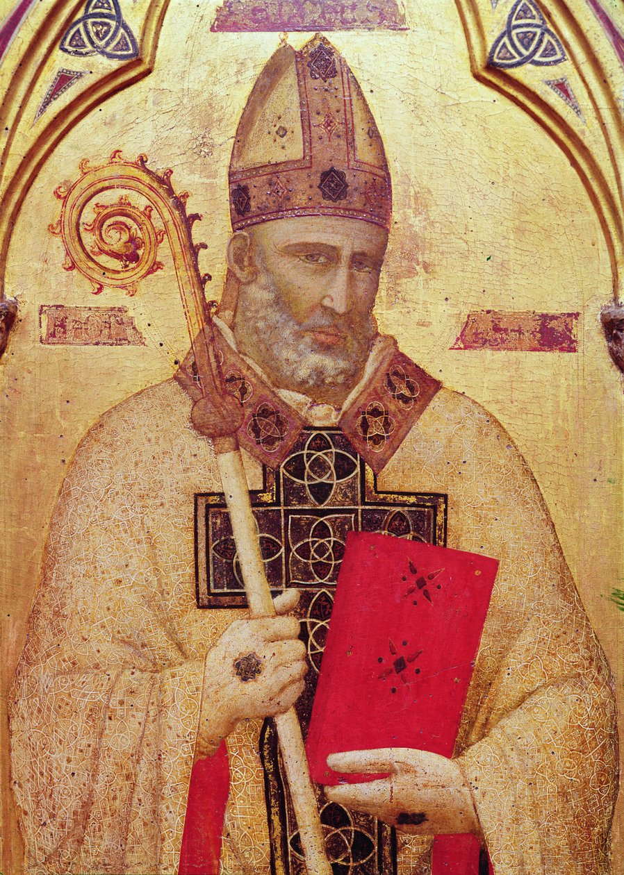 Pyhä Nikolaus, Badia-aiheisen alttaritaulun vasemmanpuoleinen paneeli, noin 1301 (tempera paneelilla) (yksityiskohta kuvasta 50341). tekijältä Giotto di Bondone