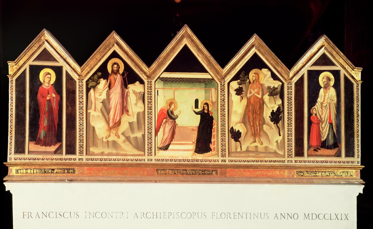 Pyhän Reparatan polyptyykki, vasemmalta oikealle: Johannes Kastaja, Marian ilmestys, tuntematon pyhimys, Pyhä Nikolaus (kääntöpuolella). tekijältä Giotto di Bondone