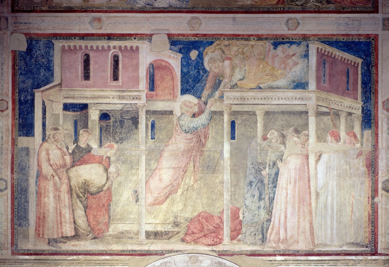 Pyhän Johannes evankelistan taivaaseenastuminen Peruzzin kappelista tekijältä Giotto di Bondone