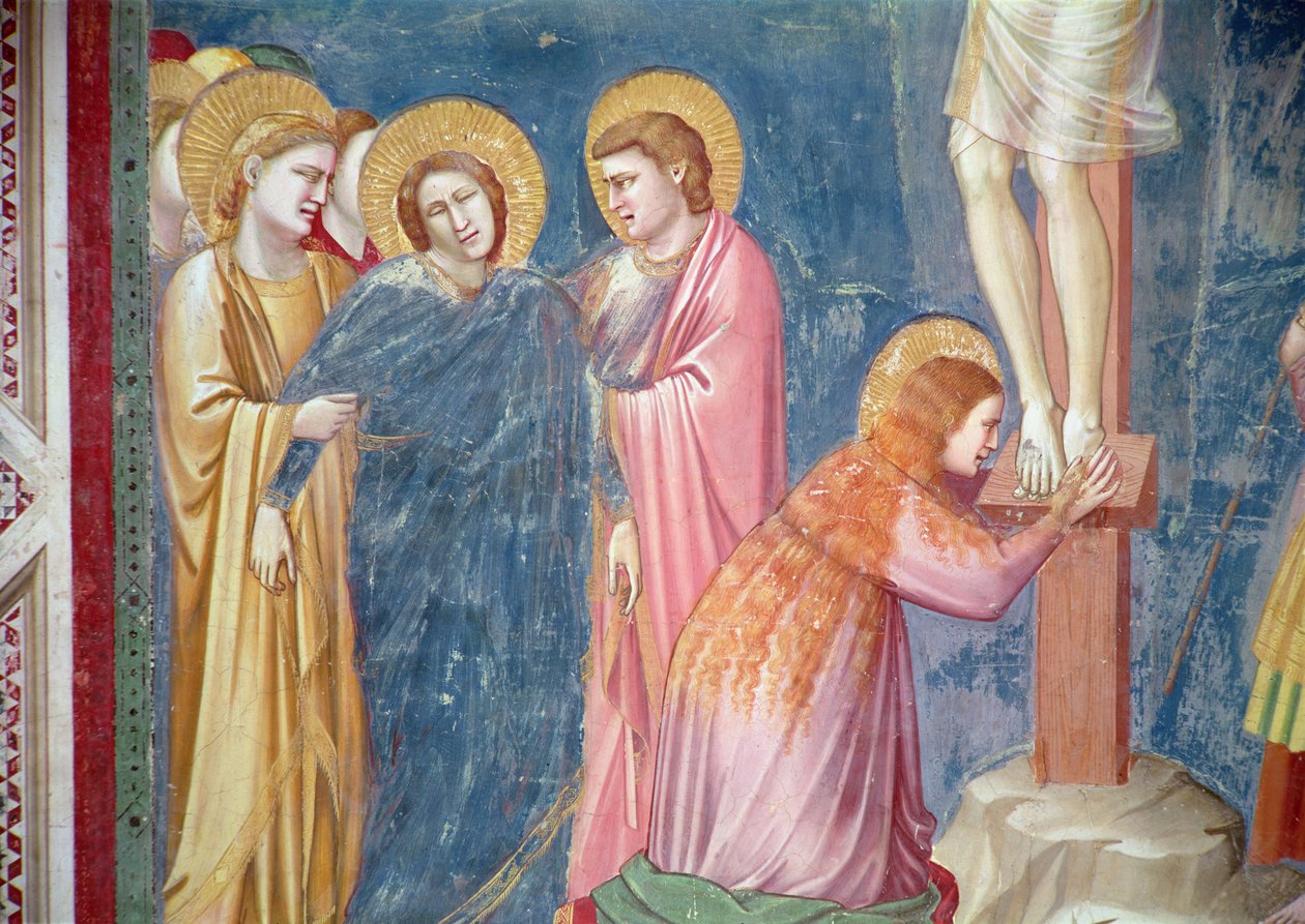 Ristiinnaulitseminen, yksityiskohta Maria Magdaleenasta ja Neitsyt Johanneksen ja naispuolisen pyhimyksen välissä, noin 1303-05. tekijältä Giotto di Bondone