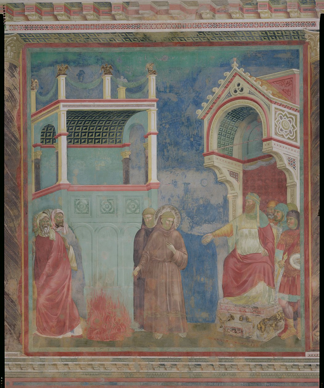Tulikoe, pyhä Franciscus tarjoutuu kävelemään tulen läpi kääntääkseen Egyptin sulttaanin vuosina 1219, 1296-97 tekijältä Giotto di Bondone