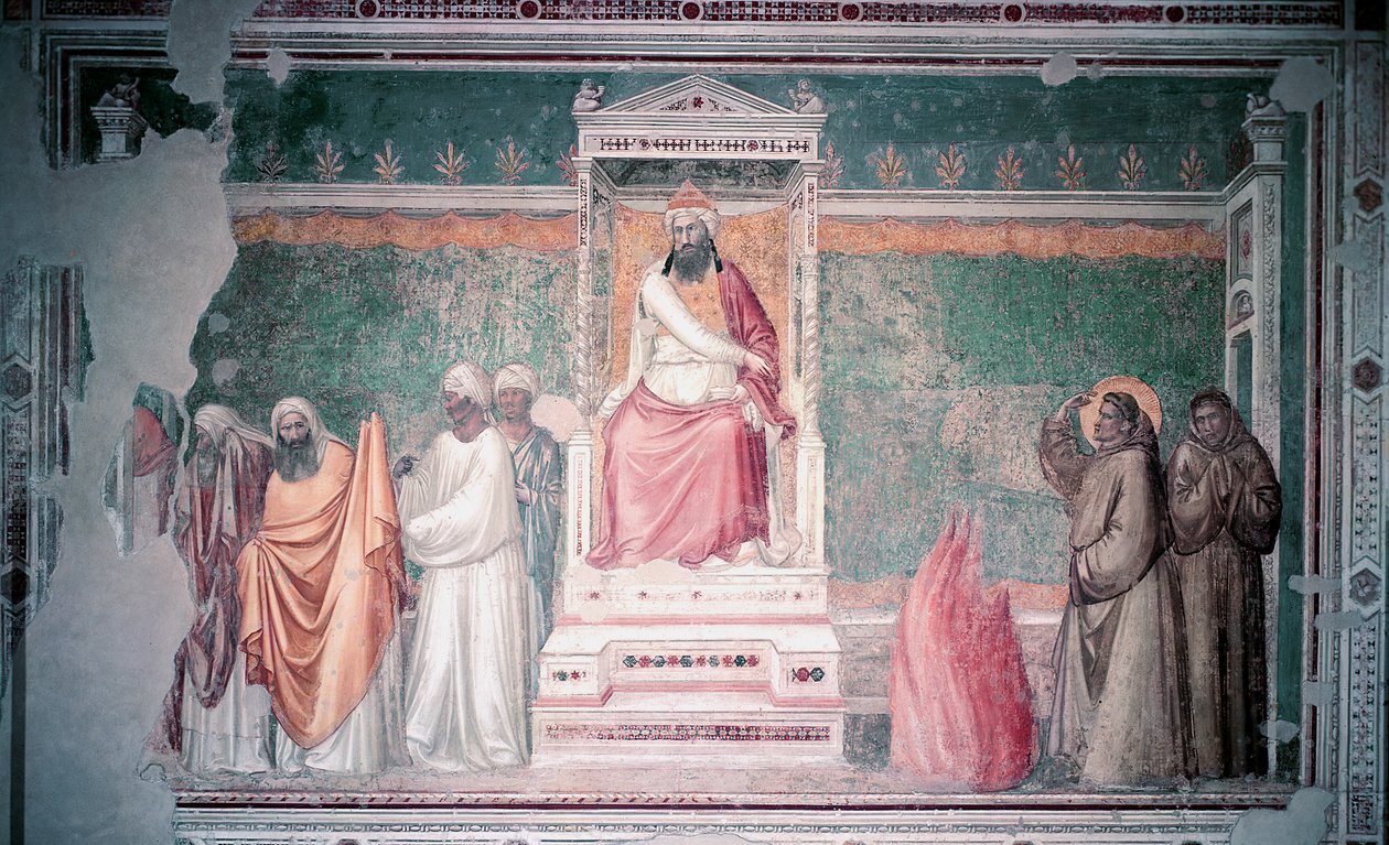 Pyhän Franciscus Assisilaisen oikeudenkäynti Egyptin sulttaanin edessä, Bardi-kappelista, noin 1320. tekijältä Giotto di Bondone