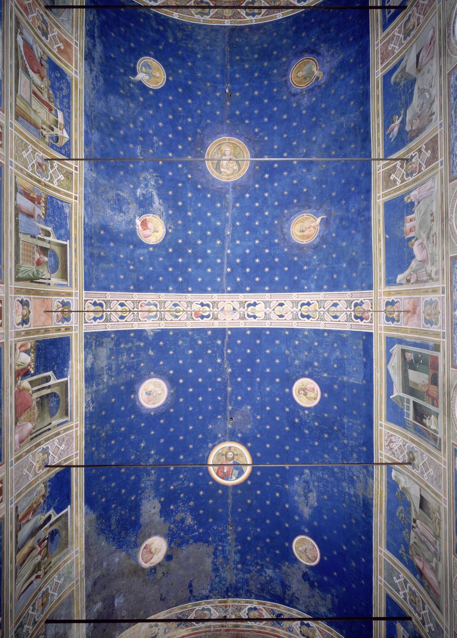 Näkymä kattoholvista ja medaljoneilla, jotka kuvaavat Kristusta, Madonnaa ja lasta sekä kirkon tohtareita, n. 1305 tekijältä Giotto di Bondone
