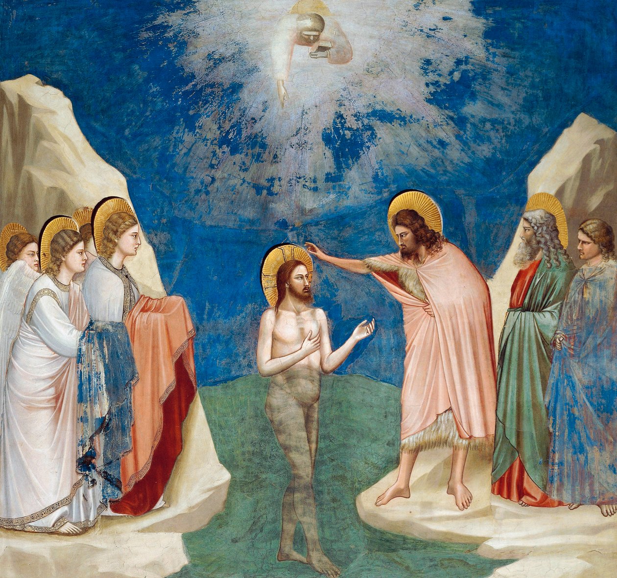 Kristuksen kaste, yksityiskohta elämästä ja Kristuksen kärsimyksestä, Giotto tekijältä Giotto (c.1266 1337)