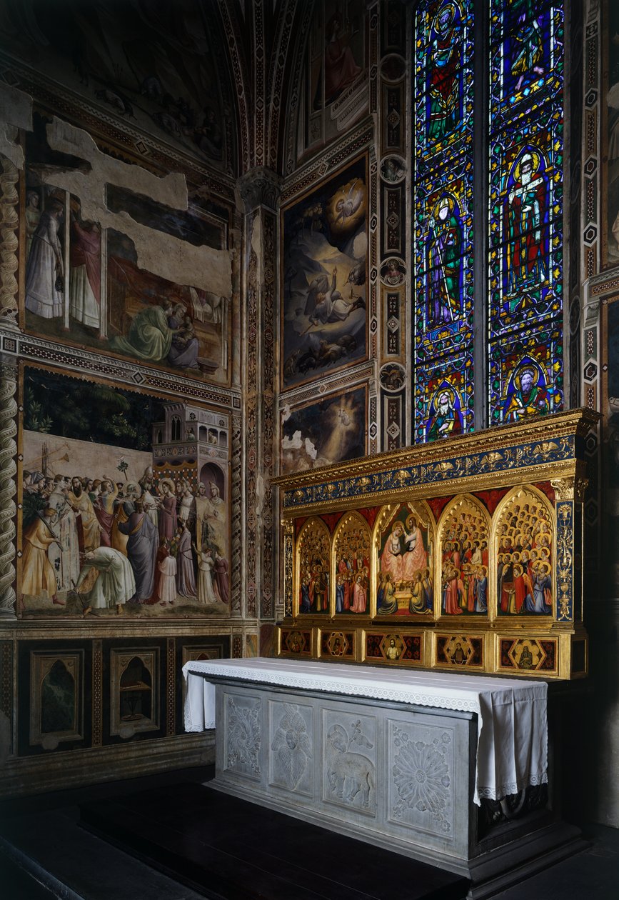Baroncelli-kappeli, Baroncelli-polyptyykki alttarin yläpuolella, n. 1328, kirjoittanut Giotto (1267-1337), tempera ja kulta paneelissa, Santa Crocen basilika, Firenze. Italia tekijältä Giotto (c.1266 1337)