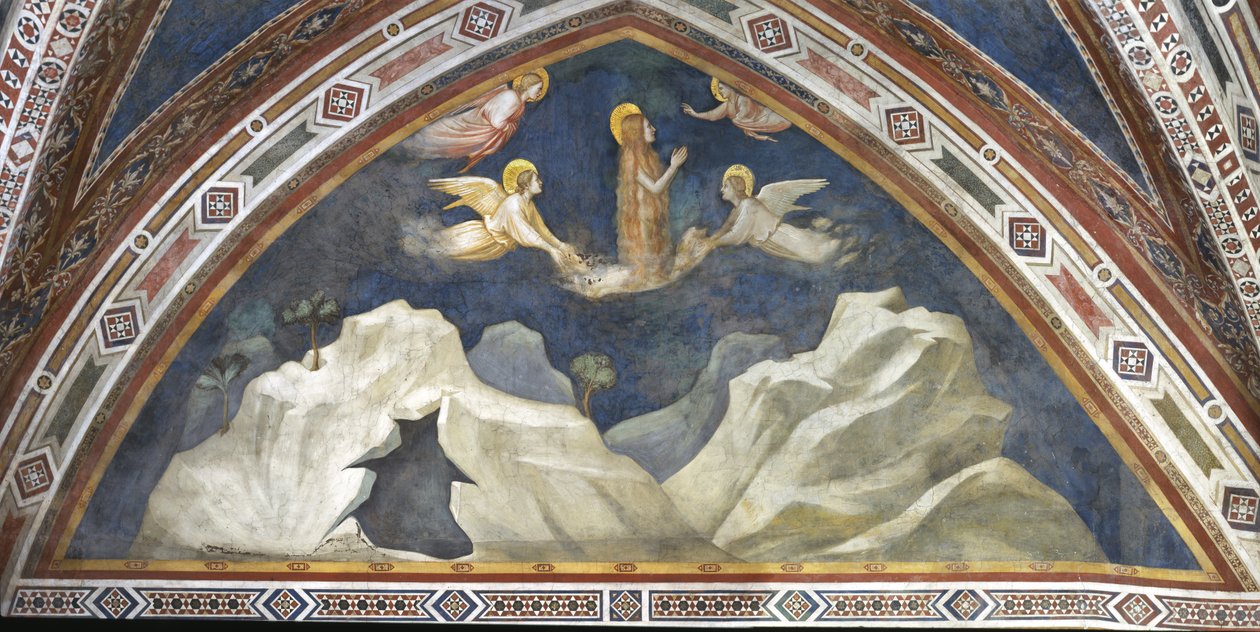 Magadalenan kappeli, itämuuri: kohtauksia Magdalenan elämästä, "Magadalenan matka Marseilleen ja kuvernöörin perheen ihme löydetty autiolta saarelta". Yksityiskohta tekijältä Giotto (c.1266 1337)