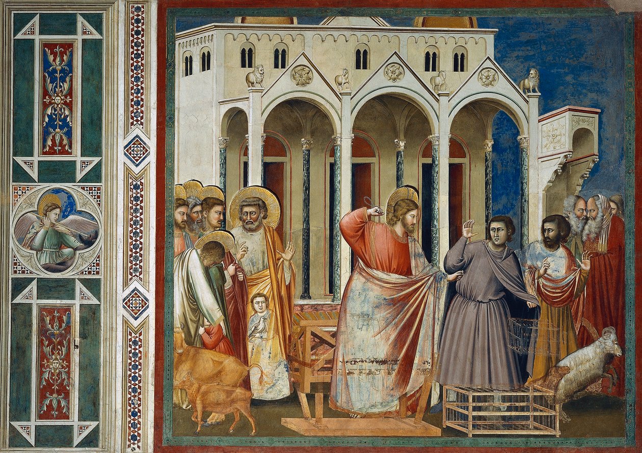 Kauppiaiden karkottaminen temppelistä, Yksityiskohta elämästä ja Kristuksen kärsimys, Giotto tekijältä Giotto (c.1266 1337)