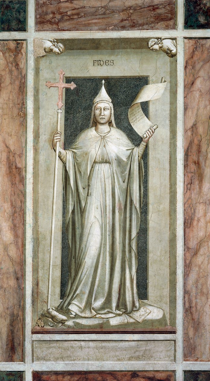 Faith, naishahmo pitelee ristiä ja paljastetun totuuden symbolia, samalla kun se tuhoaa epäjumalan ja seisoo Kabbalan symbolien päällä, Giotto, freskosarja Paheet ja hyveet, restauroinnin jälkeen, Scrovegnin kappeli, Padova, Veneto, Italia. tekijältä Giotto (c.1266 1337)
