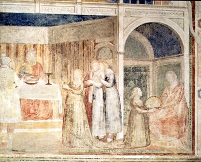 Herodeksen juhlaillallinen, yksityiskohta Salomesta, Peruzzin kappelista (fresko) (yksityiskohta kuvasta 63332). tekijältä Giotto (c.1266 1337)