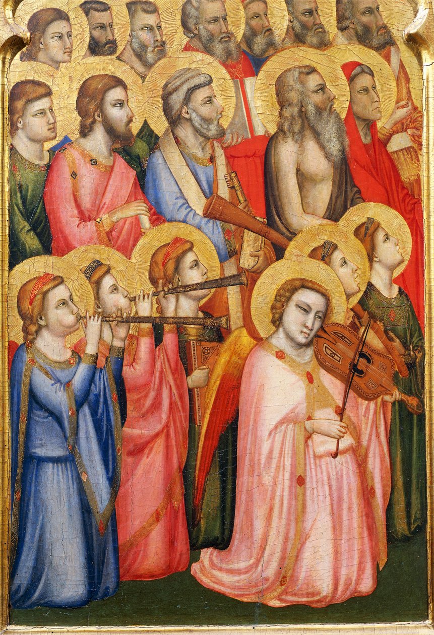 Italia, Firenze, Pyhän Ristin basilika, Bandini Baroncelli -kappeli, Enkelit soittavat soittimia, yksityiskohta Neitsyen kruunauksesta tekijältä Giotto (c.1266 1337)