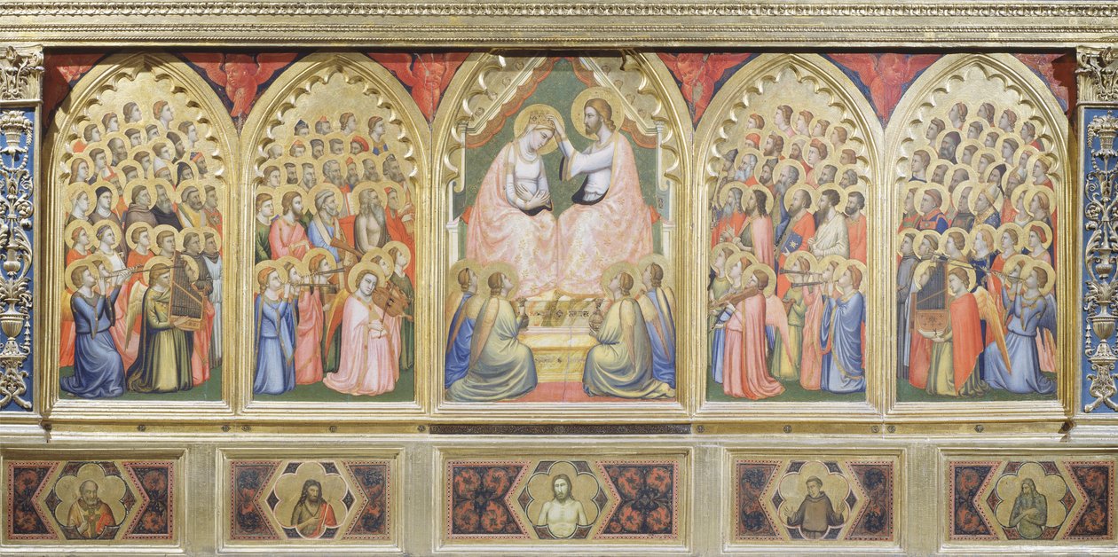Italia, Firenze, Pyhän Ristin basilika, Bandini Baroncelli -kappeli, Neitsytkunnan kruunaus tekijältä Giotto (c.1266 1337)