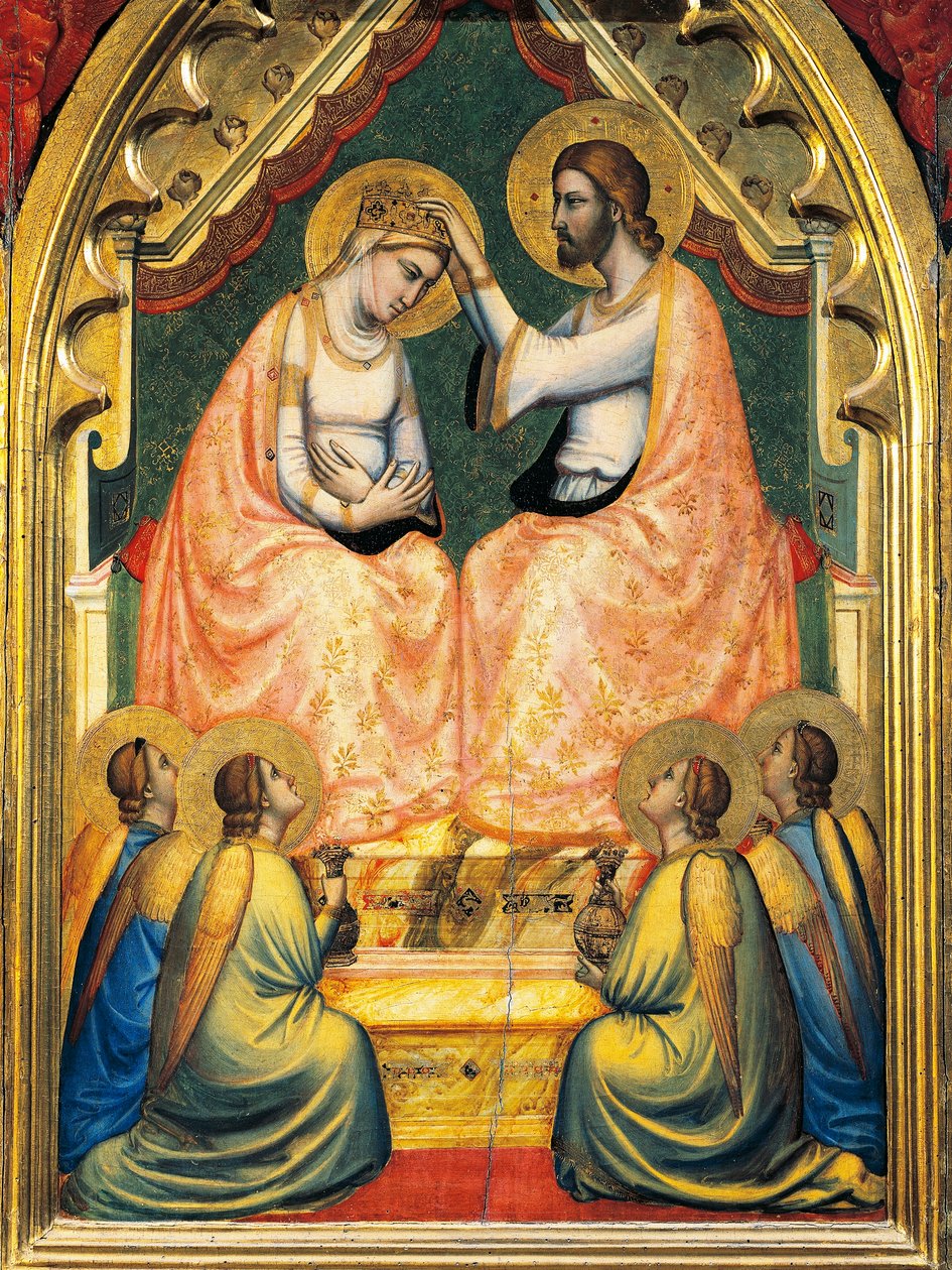 Italia, Firenze, Pyhän Ristin basilika, Bandini Baroncelli -kappeli, Neitsyen kruunaus, Giotto (1267-1337), fresko, yksityiskohta tekijältä Giotto (c.1266 1337)