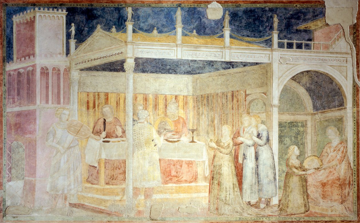 Italia, Firenze, Santa Crocen basilika, Peruzzi-kappeli, Herodeksen juhla, yksityiskohta Johannes Kastajan tarinoista tekijältä Giotto (c.1266 1337)