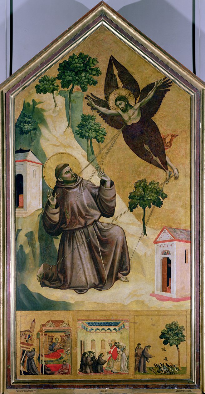 Pyhä Franciscus vastaanottamassa stigmat, n. 1295-1300 (tempera paneelissa) tekijältä Giotto (c.1266 1337)