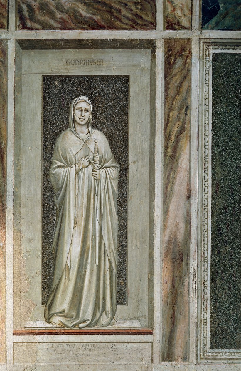 Raittius, lempeä hahmo, jolla on miekka sidottu huotraan ja suitset suussa, joka symboloi sanojen hallintaa, Giotto, yksityiskohta freskosarjasta Paheet ja hyveet tekijältä Giotto (c.1266 1337)