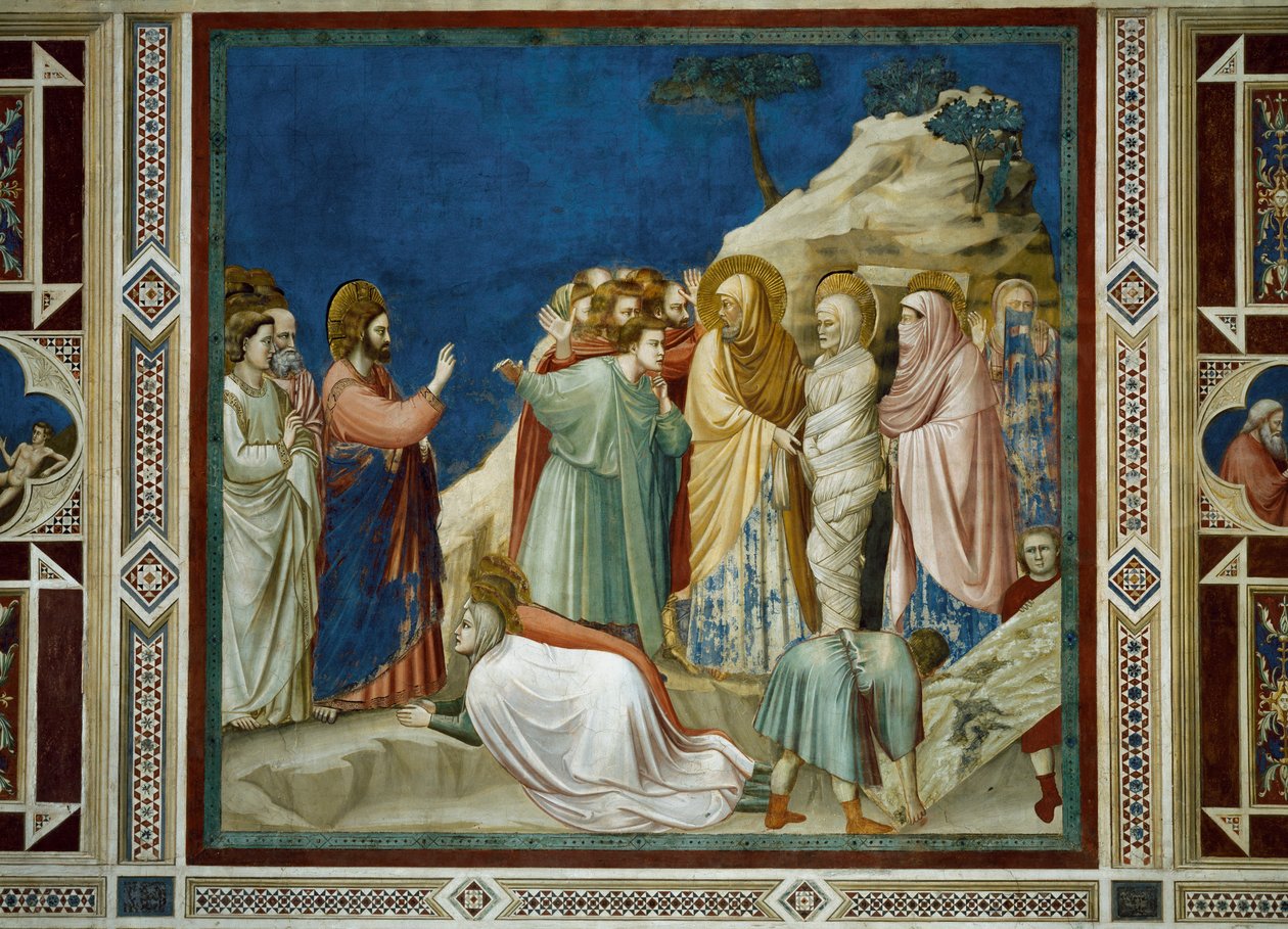 Lasaruksen ylösnousemus, yksityiskohta Kristuksen elämästä ja kärsimyksestä, Giotto tekijältä Giotto (c.1266 1337)