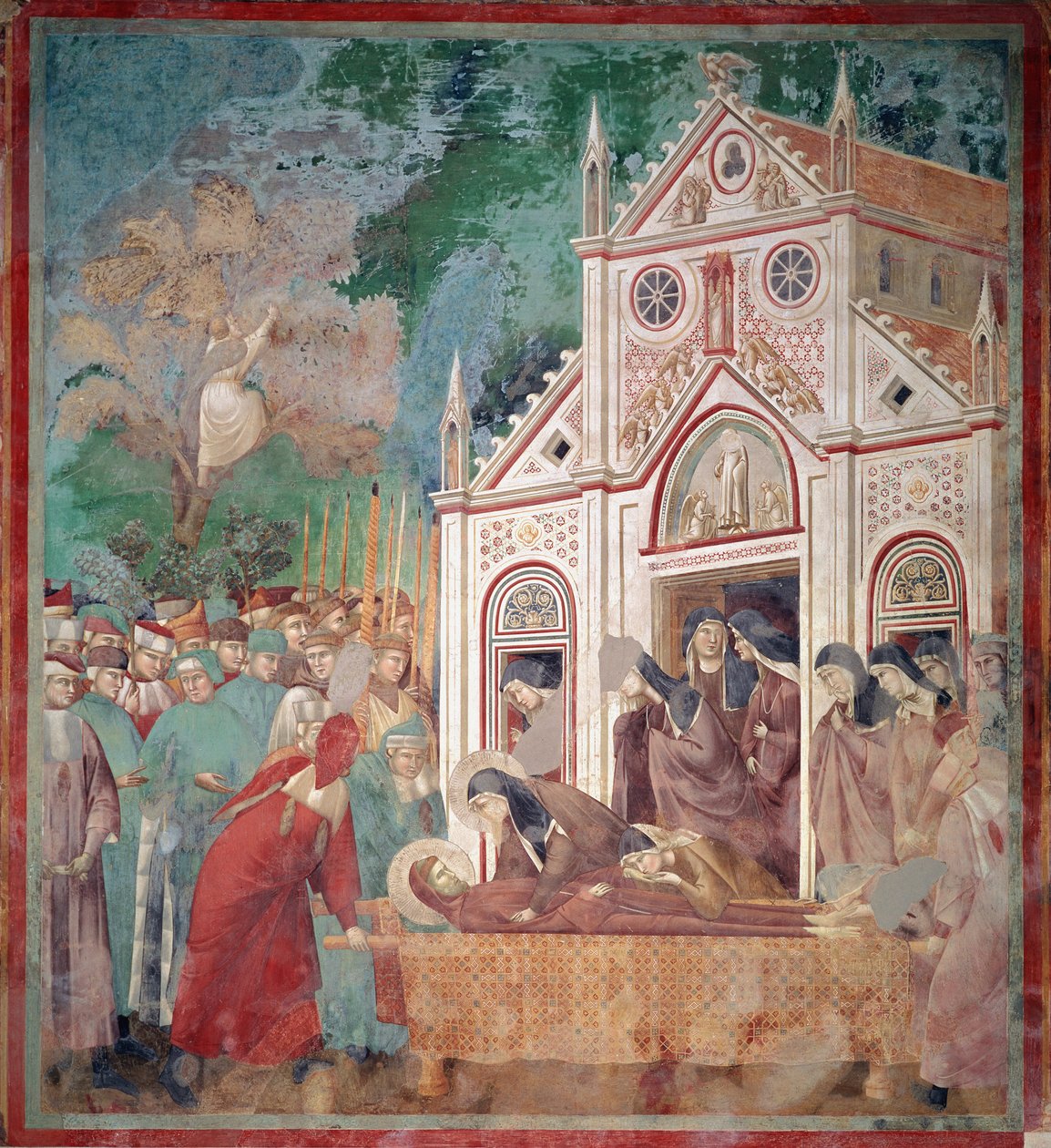Pyhän Franciscus Assisilaisen hautauskorteesi pysäytetään Saint Damienin eteen, jotta Saint Claire voi kunnioittaa ruumista - Fresco tekijältä Giotto (c.1266 1337)