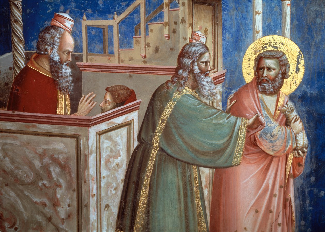 Pappi, joka hylkäsi Joakimin, tuli karitsan kanssa uhraamaan hänet. Yksityiskohta Pyhän Annan ja Pyhän Joakimin elämästä (fresko tekijältä Giotto (c.1266 1337)