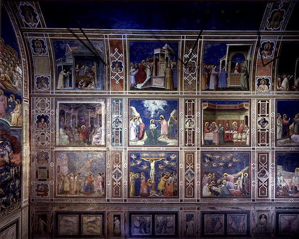 Näkymä pohjoiselle seinälle, joka kuvaa kohtauksia Neitsyen elämästä ja Kristuksen elämästä, n. 1305 (fresko) tekijältä Giotto (c.1266 1337)