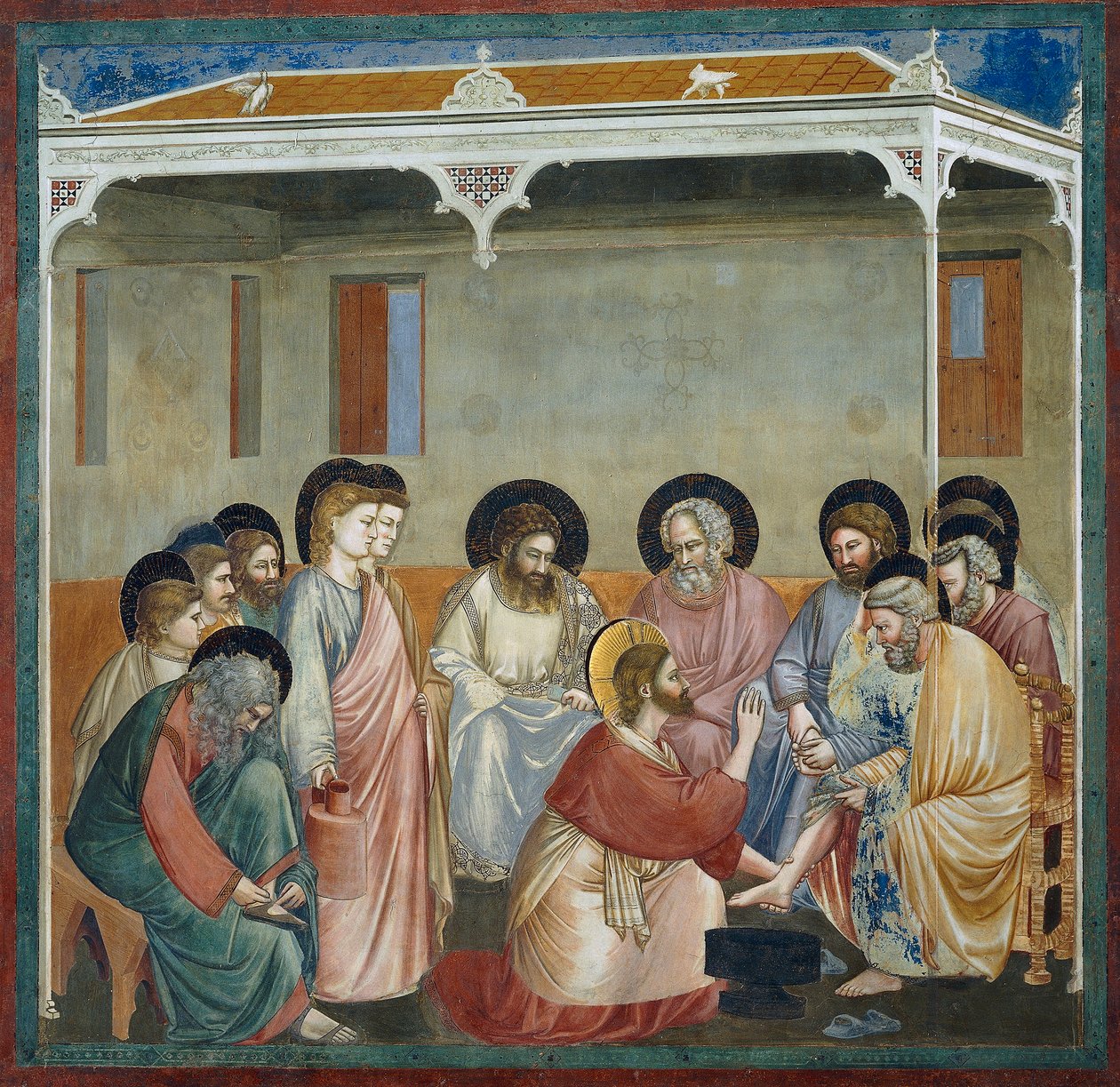 Jalkojen pesu, yksityiskohta elämästä ja Kristuksen kärsimyksestä, Giotto tekijältä Giotto (c.1266 1337)