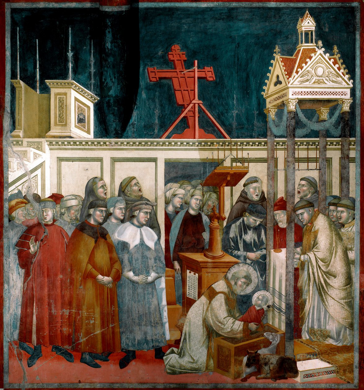 Pyhän Francois Assisilaisen historia: "Greccion päiväkodin ihme" Pyhä Francois loi ensimmäisen päiväkodin Greccioon Rietin lähelle vuonna 1223. Fresko Giotto di Bondone (1267-1337). 1296-1299 su. 270x230 cm Pyhän Franciscus Assisilaisen ylempi basilika, tekijältä Giotto (c.1266 1337)