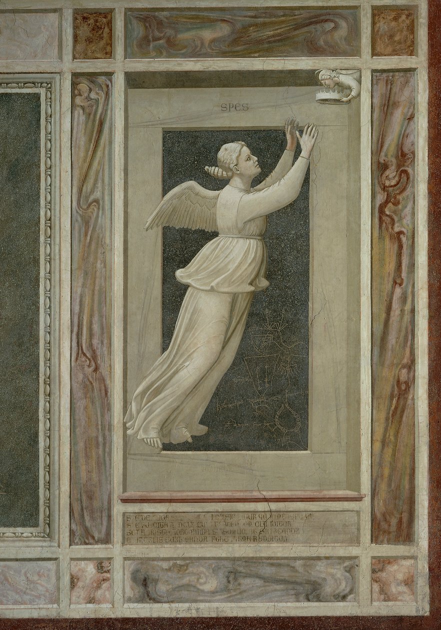 Toivo, siivekäs naishahmo lentää kohti enkeliä, joka johdattaa hänet taivaaseen, Giotto (1267-1337), yksityiskohta freskosarjasta Paheet ja hyveet tekijältä Giotto (c.1266 1337)