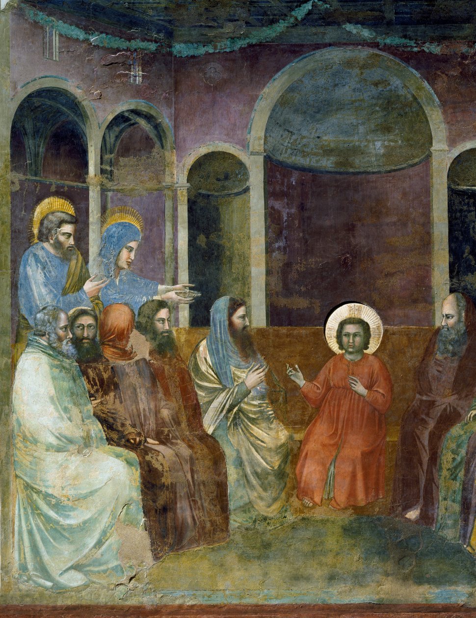 Jeesus temppelissä lääkäreiden keskuudessa, yksityiskohta Kristuksen elämästä ja kärsimyksestä, Giotto tekijältä Giotto (c.1266 1337)