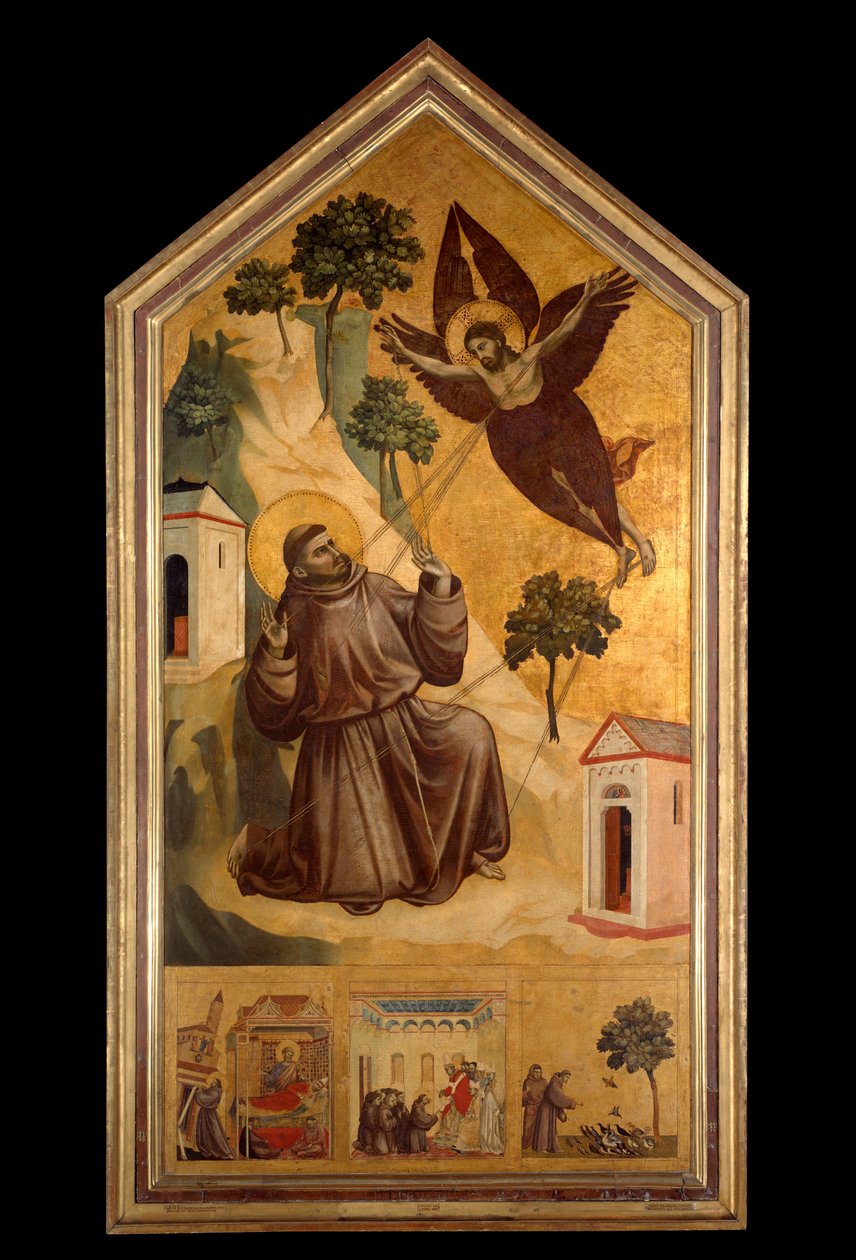 Pyhä Francois Assisilainen vastaanottamassa Giotto di Bondonen (1266-1337) tempera-stigmat puulle noin 1300, su. 3,13 x 1,63 m. - Pyhän Franciscuksen leima. Tempera puulla, kirjoittanut Giotto di Bondone (1266-1337) noin 1295-1300. 3,13 x 1,63 m. Louvren t tekijältä Giotto (c.1266 1337)