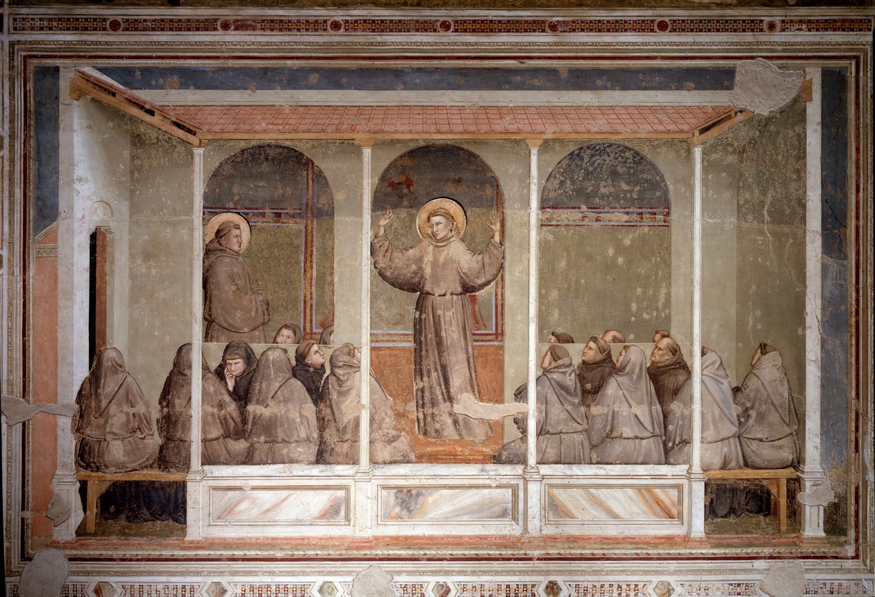 Pyhä Franciscus ilmestyy luvulle Arlesissa Pyhän Anthony Padovalaisen ennustuksen aikana (Fresko tekijältä Giotto (c.1266 1337)