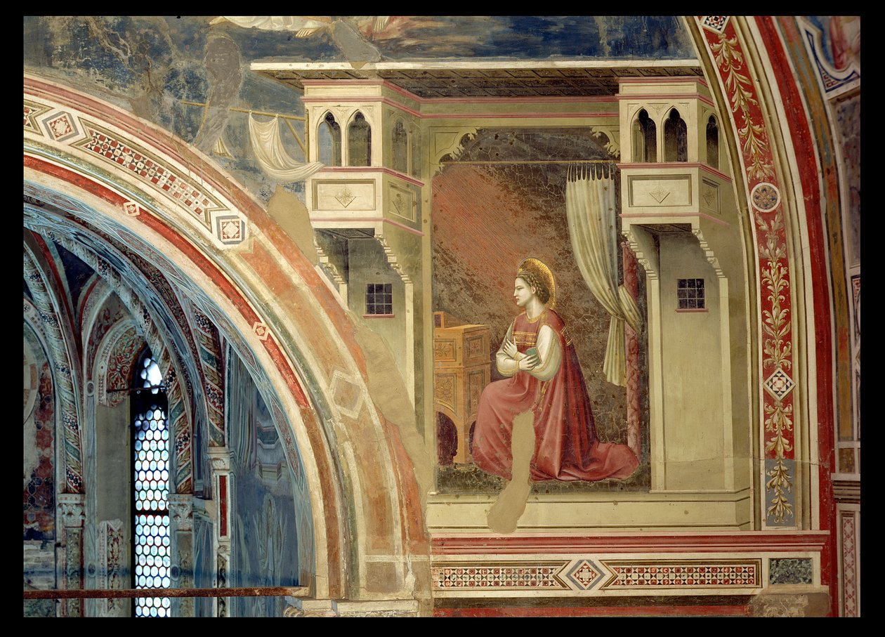 Marian ilmestys, yksityiskohta Neitsyen polvistumisesta alttarin yläpuolella olevasta lunetteesta, n. 1305 (fresko) tekijältä Giotto (c.1266 1337)