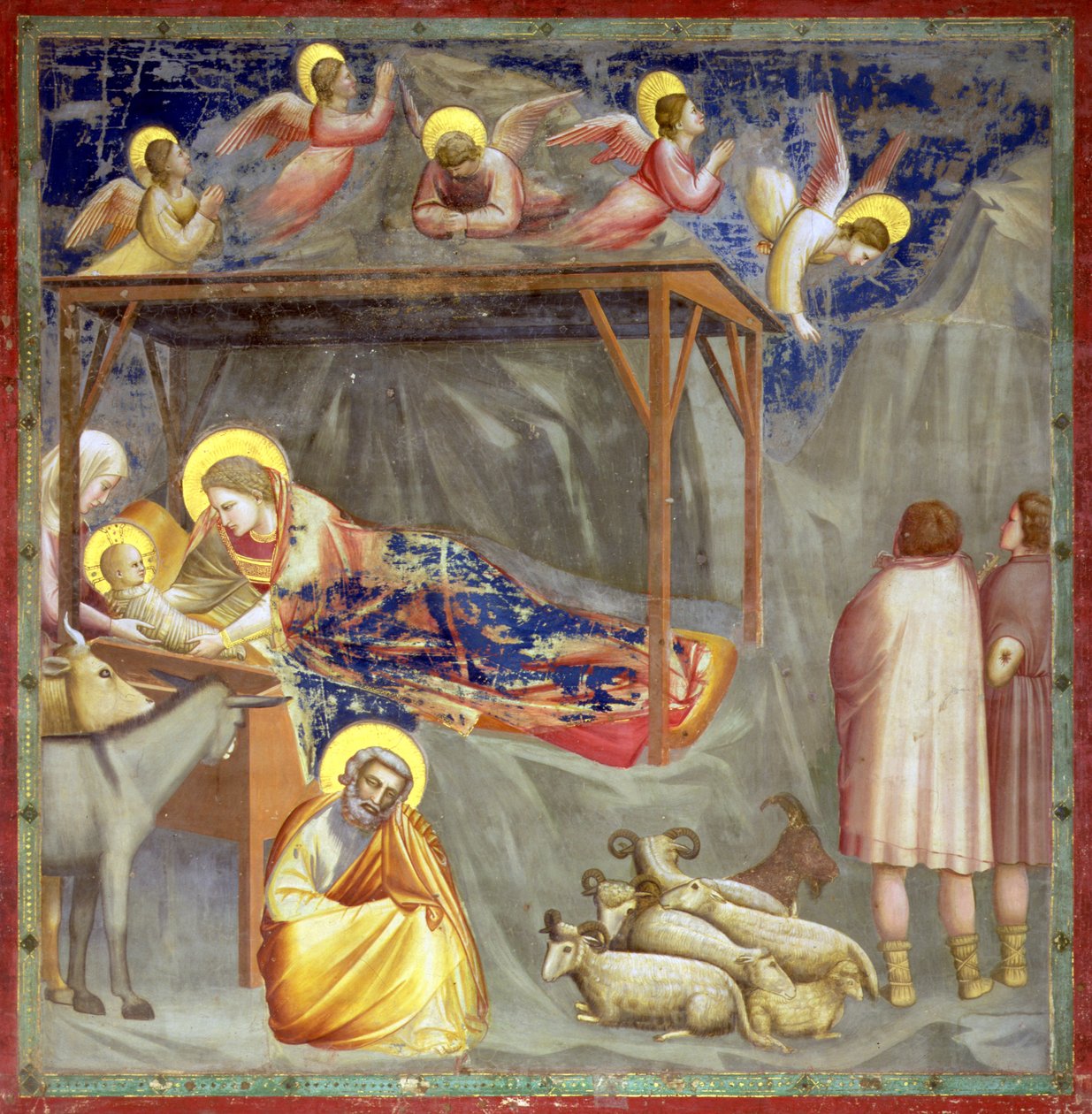 Syntymäjumalanpalvelus, Arenan kappeli, Padova, n.1305 (fresko) (yksityiskohdat ks. 65207). tekijältä Giotto (c.1266 1337)