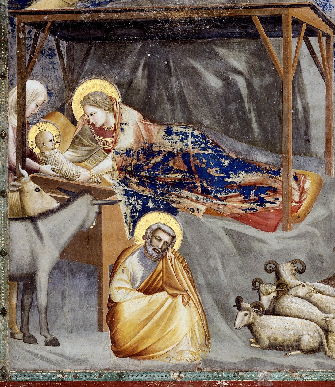Syntymä, yksityiskohta Neitsyestä ja Lapsesta, Aasista ja Joosefista, yksityiskohta tekijältä Giotto (c.1266 1337)