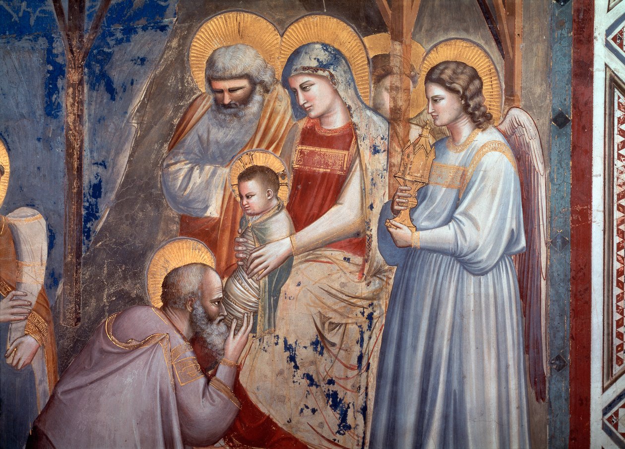 Maagien ihailu. Yksityiskohta, jossa mage kumartui Jeesuksen eteen Marian käsivarsissa enkelin ja pyhän Joosefin välissä (Fresko tekijältä Giotto (c.1266 1337)